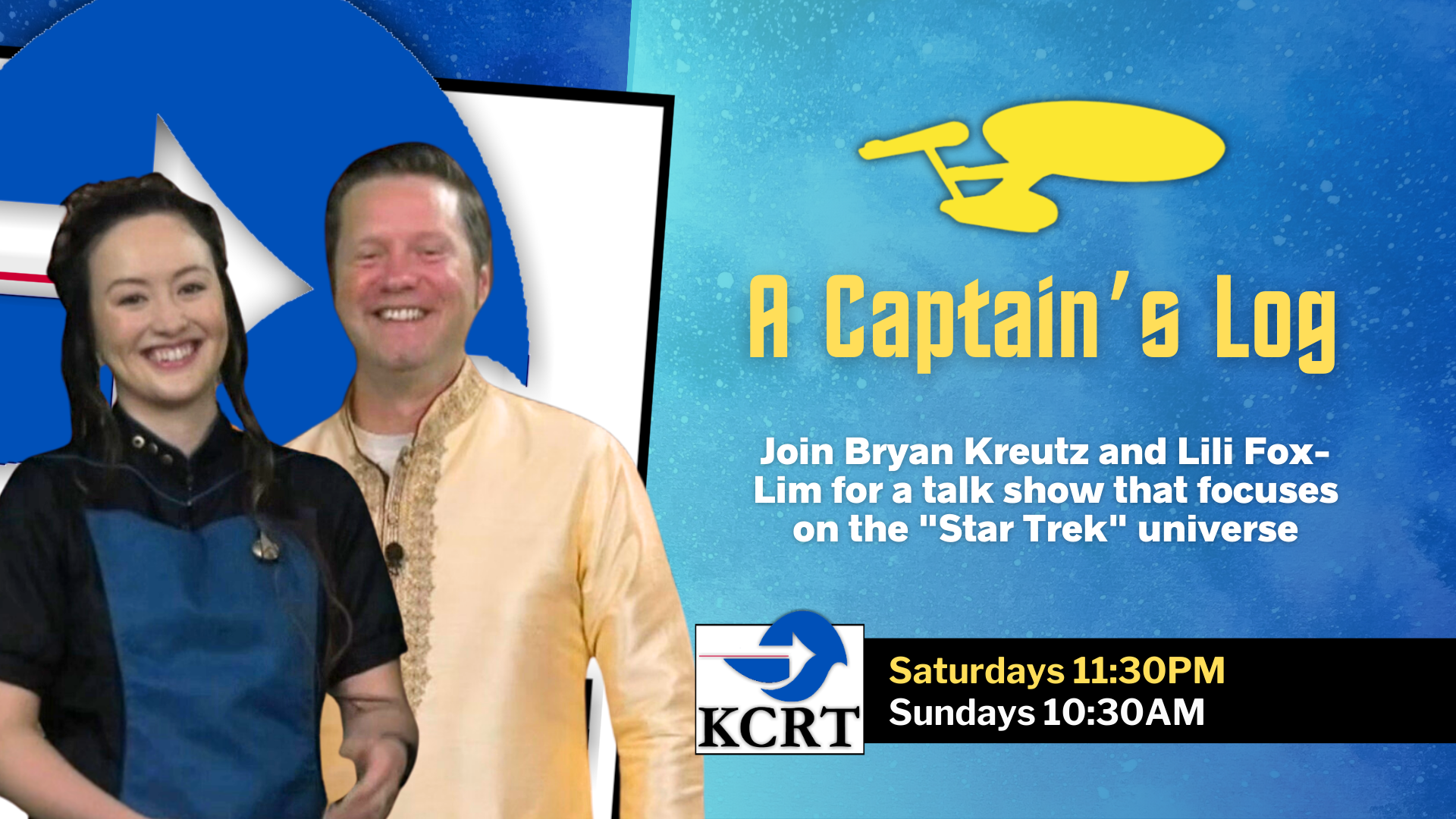 Image of the hosts and title of show in a promotional billboard