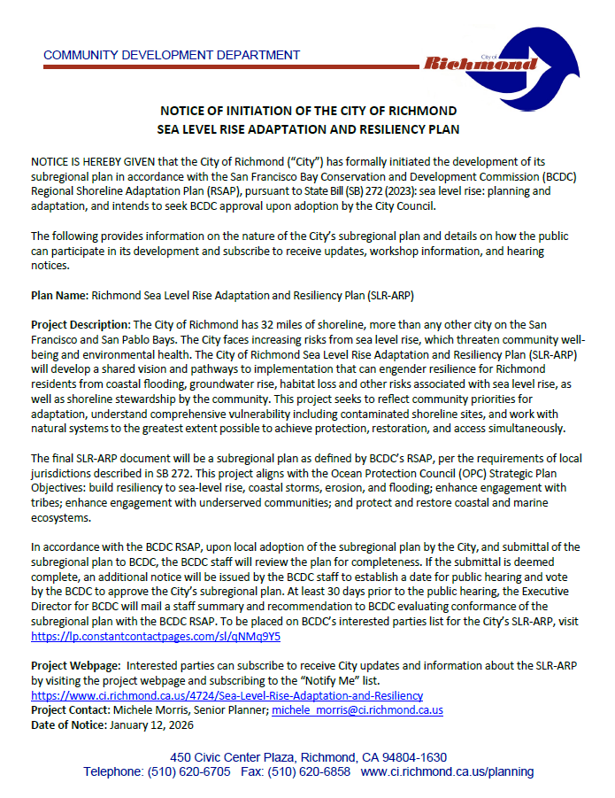 COR NOTICE OF INITIATION OF THE CITY OF RICHMOND SEA LEVEL RISE ADAPTATION AND RESILIENCY PLAN
