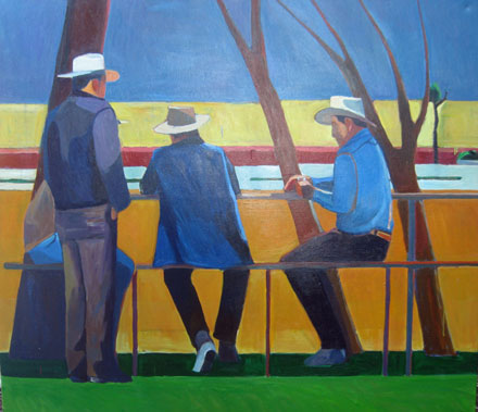 Painting of Men Sitting on a Picnic Table