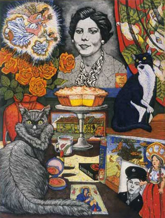 Etching Painting of A Woman in Black and White Surrounded by Multiple Color Figures