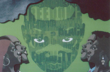 Multiple Colored Painting with a face in the Middle and People Surrounding it 